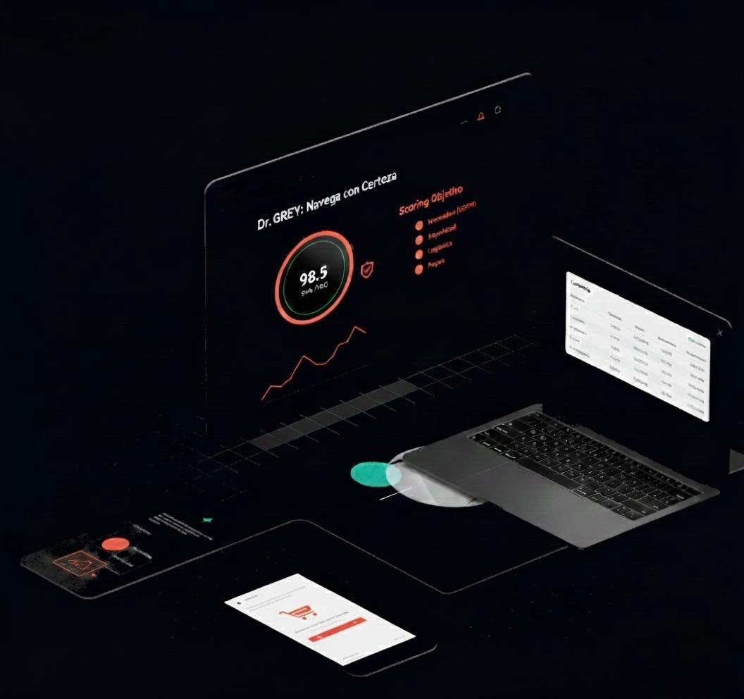 Panel de control de Dr. GREY mostrando analíticas de riesgo y salud digital de un e-commerce